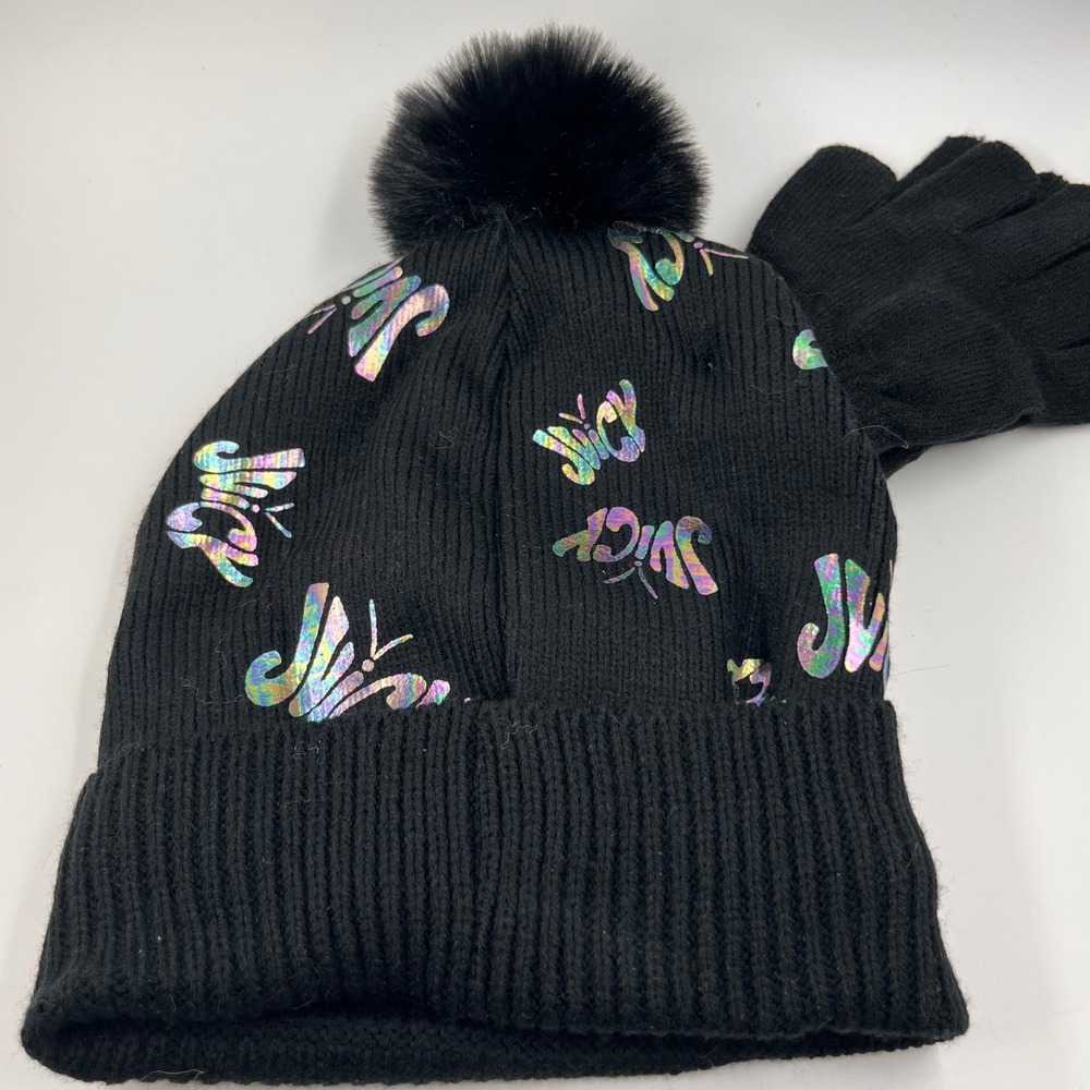 Juicy Couture Kids Black Butterfly Logo Beanie and‎ Gloves Set New - Picture 2 of 6